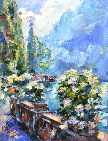 Painting titled "Italy Painting Lake…" by Natalya Savenkova, Original Artwork, Oil