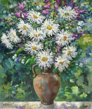 Painting titled "Daisy Painting Flow…" by Natalya Savenkova, Original Artwork, Oil