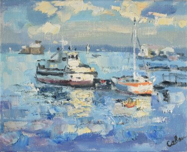 Pintura intitulada "Boat Painting Pier…" por Natalya Savenkova, Obras de arte originais, Óleo