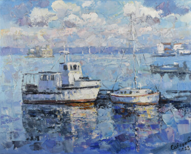 Painting titled "Painting Boat Lands…" by Natalya Savenkova, Original Artwork, Oil