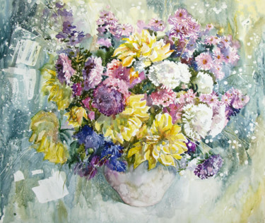 Картина под названием "Flower symphony" - Roza Savinova, Подлинное произведение искусства, Акварель