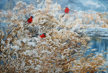 Картина под названием "Bullfinches" - Roza Savinova, Подлинное произведение искусства, Масло Установлен на Деревянная рама д…