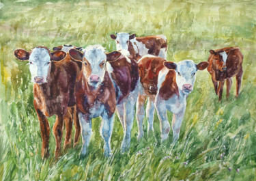Картина под названием "Curious calves" - Roza Savinova, Подлинное произведение искусства, Акварель