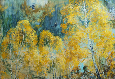 Painting titled "Gold autumn. Touris…" by Roza Savinova, Original Artwork, Oil Mounted on Wood Stretcher frame