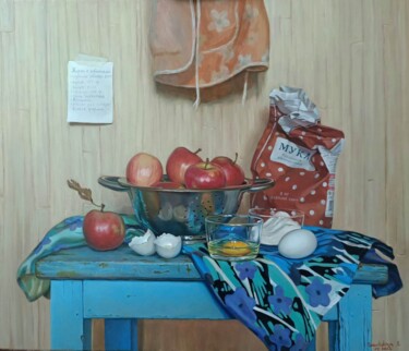 Painting titled "Пирог с яблоками" by Svetlana Savitskaya, Original Artwork, Oil Mounted on Wood Stretcher frame