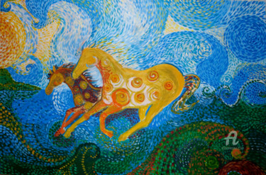 Картина под названием "Horses running on t…" - Tatiana Pavlenko, Подлинное произведение искусства, Акрил Установлен на Дерев…