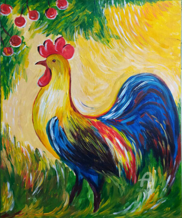 Картина под названием "Blue rooster" - Tatiana Pavlenko, Подлинное произведение искусства, Акрил Установлен на Деревянная ра…