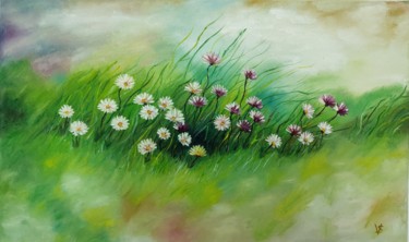 Painting titled "Маргаритки/Daisies" by Vira Savka, Original Artwork, Oil Mounted on Wood Stretcher frame