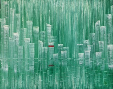 Painting titled "In the city" by Vira Savka, Original Artwork, Oil Mounted on Wood Stretcher frame