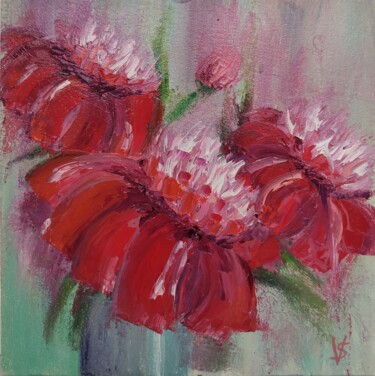 Painting titled "Red flowers" by Vira Savka, Original Artwork, Oil