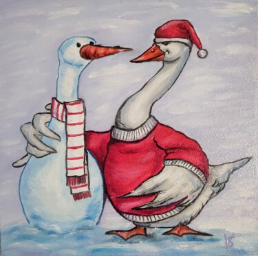 Schilderij getiteld "Cheerful geese 2" door Vira Savka, Origineel Kunstwerk, Olie