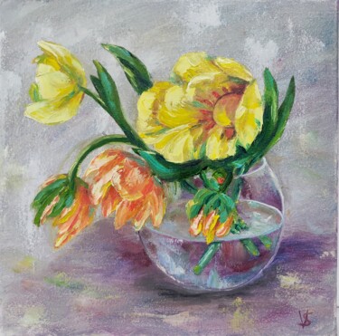 Painting titled "Flowers in a round…" by Vira Savka, Original Artwork, Oil Mounted on Wood Stretcher frame