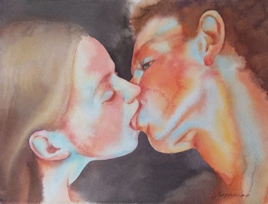 Pintura intitulada "Kiss" por Elena Sayapina, Obras de arte originais, Aquarela