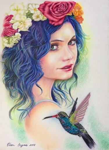 Dessin intitulée "L'âme du colibri" par Vera Sayous, Œuvre d'art originale, Crayon