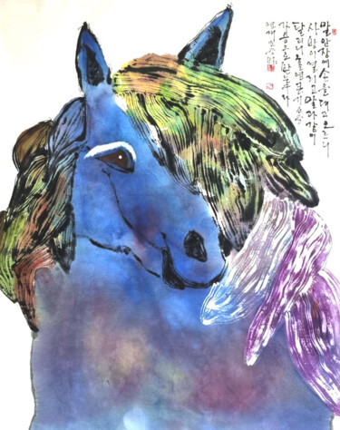 Painting titled "Ferghana Blue Horse…" by Sungbum Cho, Original Artwork, Watercolor Mounted on Wood Panel