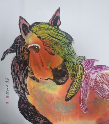 Painting titled "Ferghana Red Horse…" by Sungbum Cho, Original Artwork, Watercolor