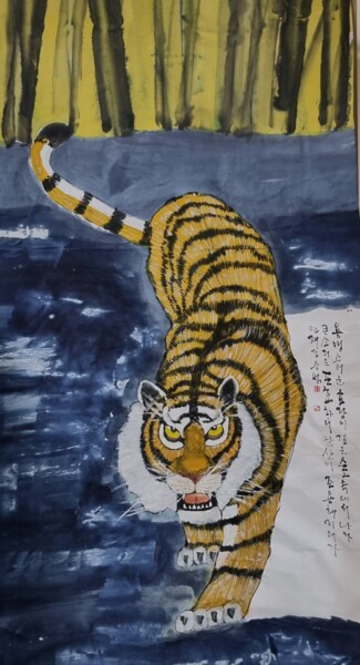 Ζωγραφική με τίτλο "Blue Tiger" από 승범 조, Αυθεντικά έργα τέχνης, Ακουαρέλα Τοποθετήθηκε στο Ξύλινο πάνελ
