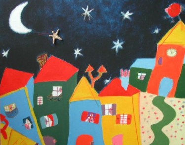 Peinture intitulée "village du bonheur" par Stef B, Œuvre d'art originale