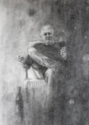 Drawing titled "Guy with Wine" by Sbboursot, Original Artwork, Charcoal Mounted on Cardboard