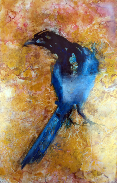 Painting titled "Golden Magpie" by Sbboursot, Original Artwork, Acrylic Mounted on Other rigid panel