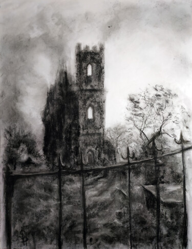Drawing titled "Tower & Graveyard,…" by Sbboursot, Original Artwork, Charcoal