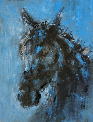 Painting titled "Black Beauty in Blue" by Sbboursot, Original Artwork, Oil Mounted on Other rigid panel