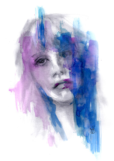 Dessin intitulée "Blue to Purple Mood" par Sbboursot, Œuvre d'art originale, Graphite