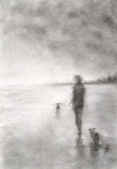 Рисунок под названием "Walk on Stormy Beac…" - Sbboursot, Подлинное произведение искусства, Древесный уголь