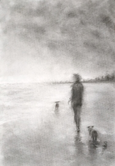 Dessin intitulée "Walk on Stormy Beac…" par Sbboursot, Œuvre d'art originale, Fusain