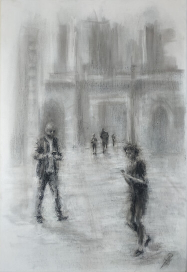 Drawing titled "The Meet 6" by Sbboursot, Original Artwork, Charcoal Mounted on Wood Stretcher frame