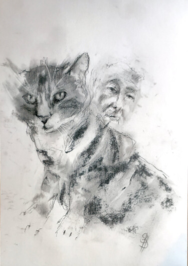 Dibujo titulada "Photobomb Kitty" por Sbboursot, Obra de arte original, Carbón