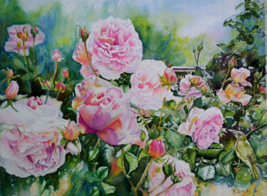 Painting titled "Pink Roses with Hon…" by Scally Art, Original Artwork, Watercolor
