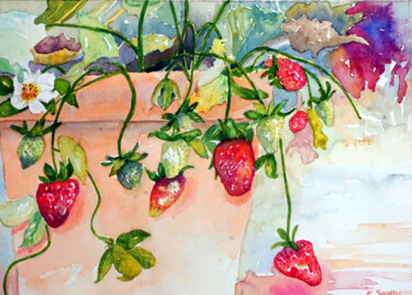 Painting titled "Strawberries" by Scally Art, Original Artwork, Watercolor