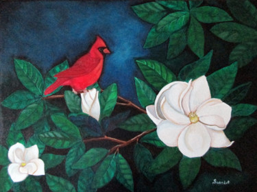 Painting titled "cardinal-and-magnol…" by Scarlet, Original Artwork, Acrylic