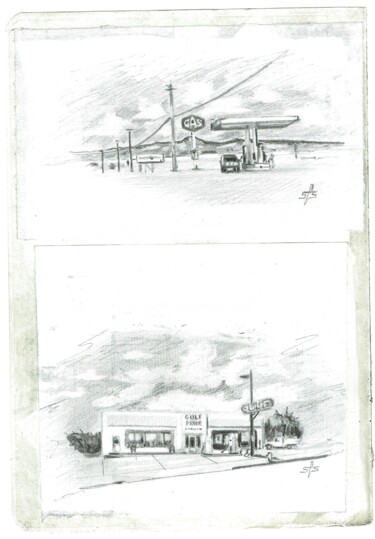 Zeichnungen mit dem Titel "Old gas stations" von Schascia, Original-Kunstwerk, Bleistift