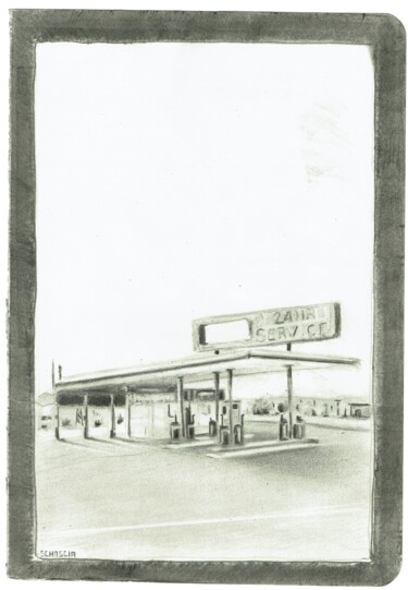 Zeichnungen mit dem Titel "Old petrol pump" von Schascia, Original-Kunstwerk, Bleistift