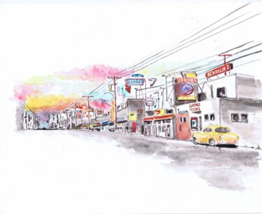 Drawing titled "Road with sun" by Schascia, Original Artwork, Watercolor