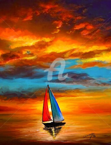 Pintura titulada "sailboat-at-sunset.…" por G. Schenk, Obra de arte original