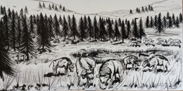 Zeichnungen mit dem Titel "La plaine des bisons" von Patricia Schmitzer, Original-Kunstwerk, Tinte