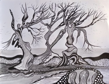 Drawing titled "Au delà des terres…" by Patricia Schmitzer, Original Artwork, Ink