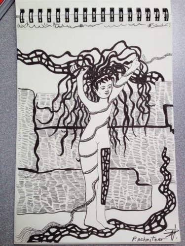 Dessin intitulée "Eve et le serpent.j…" par Patricia Schmitzer, Œuvre d'art originale, Encre