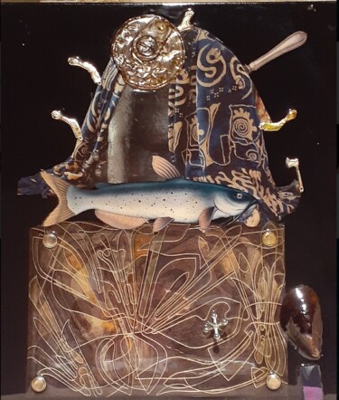 Collages titled "fishing" by Schoelmann, Original Artwork, Wood Mounted on Wood Panel