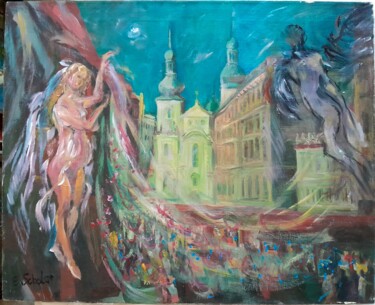 Painting titled "АНГЕЛЫ ночи" by Scholar, Original Artwork, Oil Mounted on Wood Stretcher frame