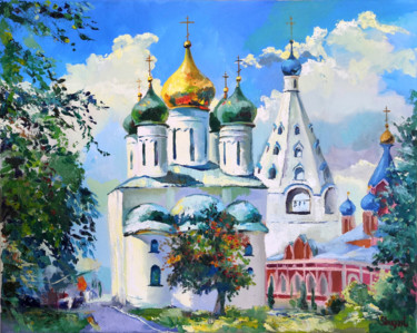 Oil painting White Church with domes Original oil painting Painting titled "Oil painting White…" by Lena Shugart, Original Art, Oil Mounted on Stretcher frame