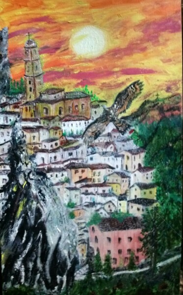 Painting titled "Grifone veglia sul…" by Maria Silveria Sciarra, Original Artwork, Tempera