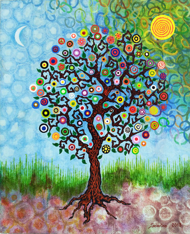 Painting titled "Árbol de mil flores" by Sciortino, Original Artwork, Acrylic Mounted on Wood Panel