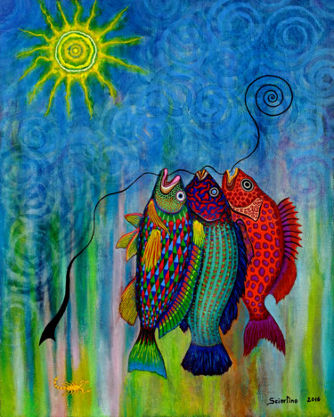 Painting titled "PescaDos+Uno" by Sciortino, Original Artwork, Acrylic Mounted on Wood Panel