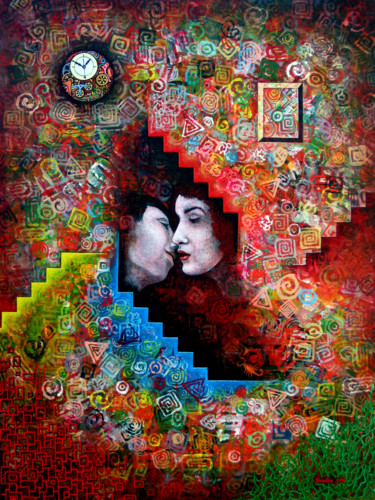 Pintura titulada "El Beso" por Sciortino, Obra de arte original, Acrílico Montado en Panel de madera