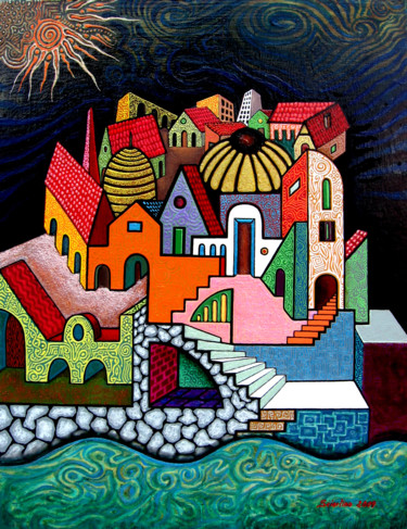 Painting titled "Pueblo costero" by Sciortino, Original Artwork, Acrylic