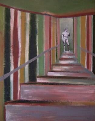 Painting titled "Stairs to David" by Scott Spencer, Original Artwork, Oil Mounted on Wood Stretcher frame